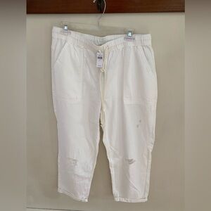 Aerie Wide Leg Drawstring Distressed Pants White Cotton